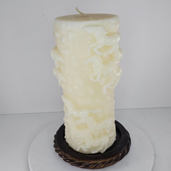 Decorative White Pillar Candle With Running Horses Design - Picture 3 of 8